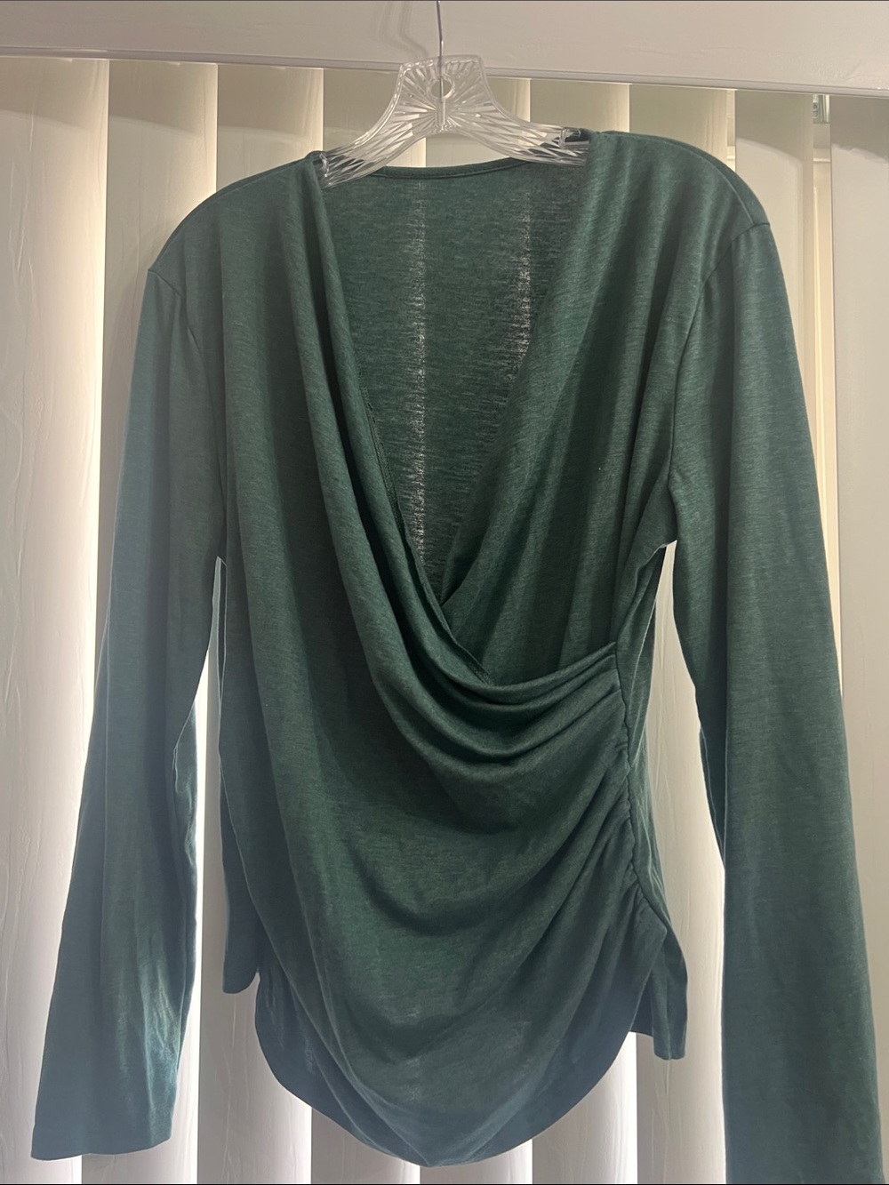 Draped V-Neck Long-Sleeve Top in Deep Green